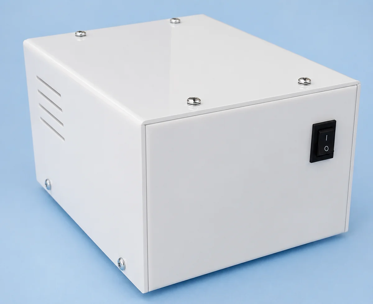 Chasís en acrílico blanco - SKU LAD-CH-001 Chasís en acrílico blanco con rejilla de ventilación e interruptor - Ladelec
