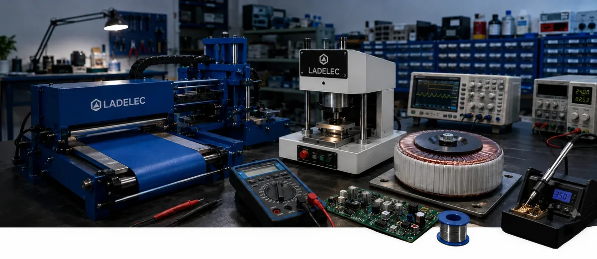 Laboratorio de electrónica de Ladelec en Colombia con transformador toroidal, maquinaria especializada, equipos de medición y fabricación de soluciones industriales.