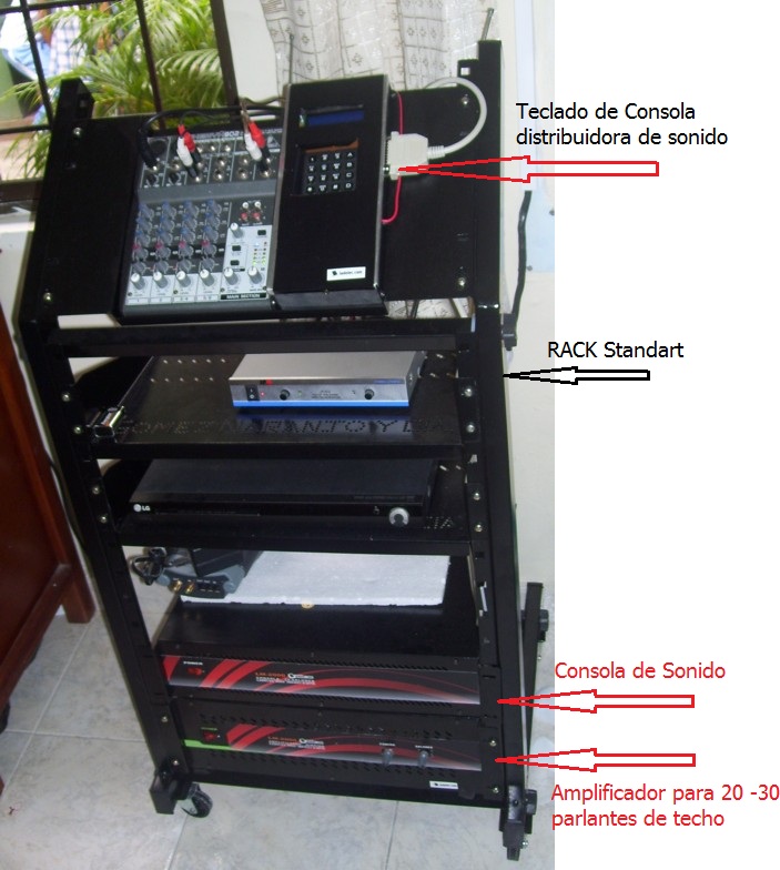 Rack de audio institucional para sistema de sonido ambiental en colegio